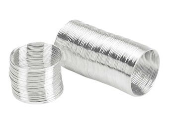 May include: Two silver-colored, flexible metal tubes. One is coiled into a ring shape, and the other is a longer, cylindrical tube. Both have a corrugated texture, reflecting light. The items are likely components for ventilation or ductwork.