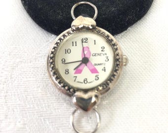 Relógio Pink Ribbon Cancer, mostrador em aço inoxidável com fita rosa, acessórios para relógio Geneva Quartz.