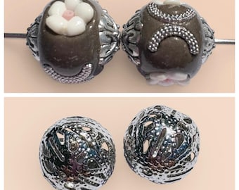 2- Silver Round Metallic Beads,  16mm Silver metal lightweight designed beads, earring beads , unique Flower beads, 300 Ships USA