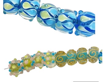 Lampwork Rondelles, pois blu e giallo vetro Murano, Rondelle irregolari blu, perline di vetro blu, Lampwork unico, 128 navi USA