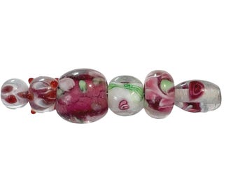 6-Pink Lampwork Jewelry Making Kit, Bracelet Combo, Polka Dotted Beads , unique Lampwork ( 114) Ships USA