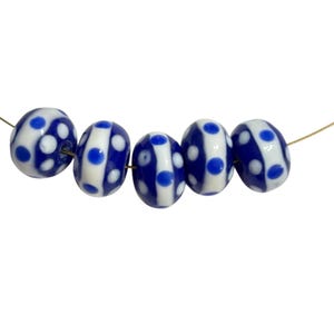 5-Blue and White polka dot Lampwork Rondelles, round glass beads,  Rondelle glass beads , Blue and White beads, unique, 271 Ships USA
