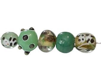 5 Green Combo Bead Lampwork Bracelet Kit, Lampwork Beads 106 Ships USA