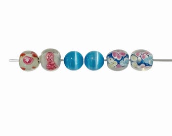 2-Blue Lampwork glass, Blue flower Rondelles , unique Lampwork, 254 Ships USA