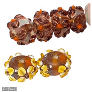 4-Lampwork Rondelles, Brown Flower Lampwork glass, bumpy Rondelles, glass bead, unique Lampwork, 415  Ships USA