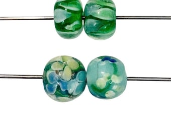 2-Green Lampwork glass,  Green flowers Rondelles , unique Lampwork, 545 Ships USA