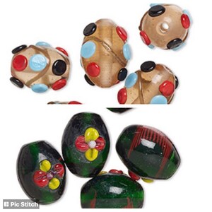 5-Green Lampwork Ovals,  Lampwork round beads, red polka dot Oval glass bead,unique Lampwork, L173,  Ships USA