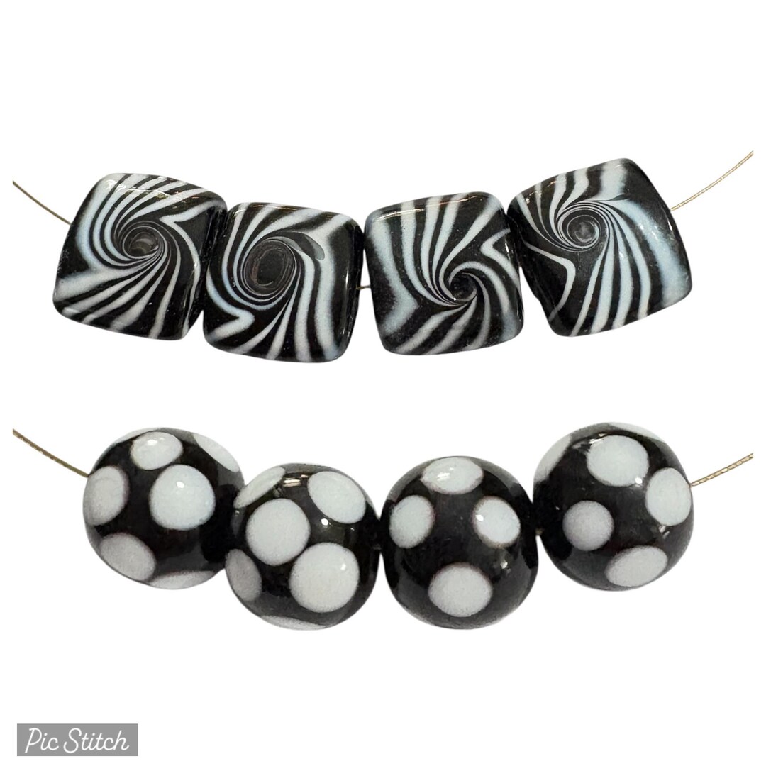 4-lampwork Artsy Square Beads, Black and White Square Glass Beads ...