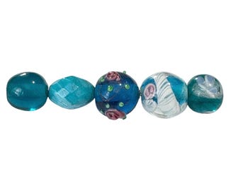 5 Blue Bead Mix, Blue Glass Jewelry Making Kit, Bracelet Combo, unique  (113) Ships USA