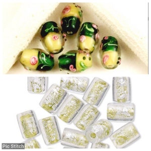5-Lampwork barrel  beads,10mm Lampwork glass, green & yellow with pink flowers glass beads, flower beads, L165, Ships USA