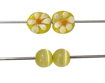 2-Yellow Lampwork  flower beads Lampwork Pair, Earring Beads,Yellow Catseye Rounds, 545 Ships USA