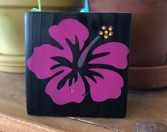 Pink Hibiscus Flower Mini Art Block | Handmade Maui Decor