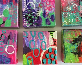 Mini Abstract Art: Colorful Acrylic Shelf Sitter, 4x4" Canvas