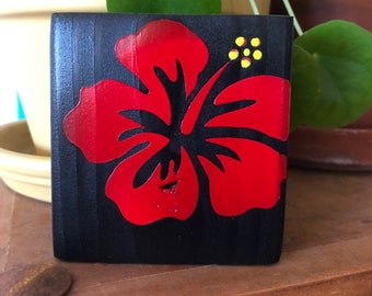 Red Hibiscus Flower Art Block | Maui Wood Decor