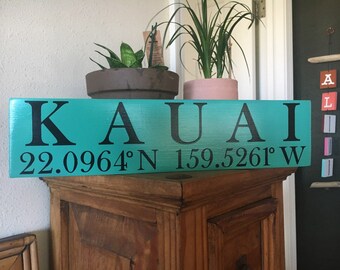 KAUAI wood sign with geographic coordinates