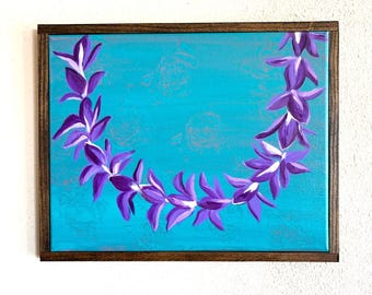 Lavender Orchid Lei Painting, Hawaiian Floral Art, Framed Canvas