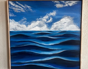 Blue ocean water and sky acrylic painting