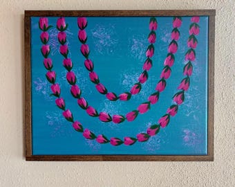 Lokelani Rose Lei Painting, Hawaiian Flower Art, Maui Decor