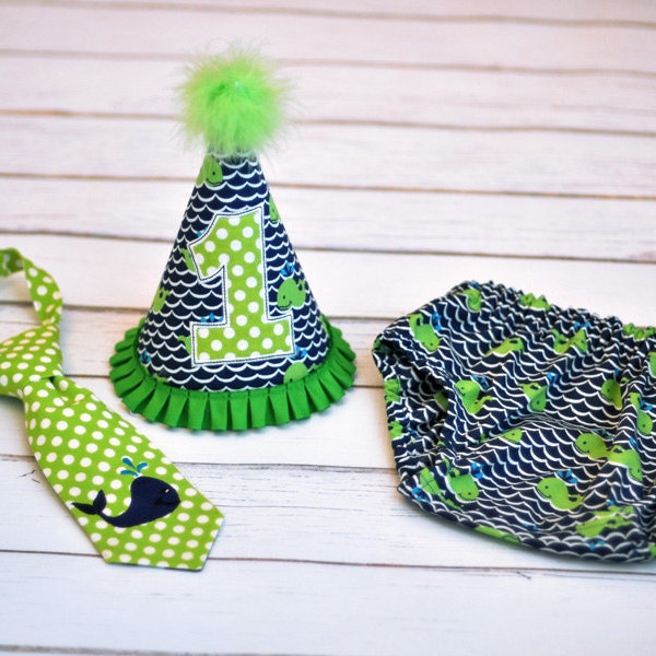 Whale Navy Blue Lime Green Cake Smash Outfit - Little Guy Tie, Diaper Cover, Hat - Under the Sea Whale Birthday Party Cake Smash Outfit