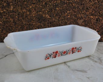 Vintage Fire King Primrose Milk Glass Rectangular 1 Quart 8 Inch Baking Dish, Casserole, Cake Pan, Loaf Pan, Red Pink Flowers Floral, 409