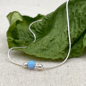 Delicate Blue Opal Gemstone Bracelet, Dainty Sterling Silver Layering Snake Chain Bracelet, October Birthstone Gift, Stone Stacking Bracelet