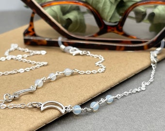 Silver Moon Opalite Gemstones Glasses Chain, Celestial Glasses Necklace, Eyeglasses Lanyard, Eyeglass Holder, Sunglass Cord, Grandma Gift