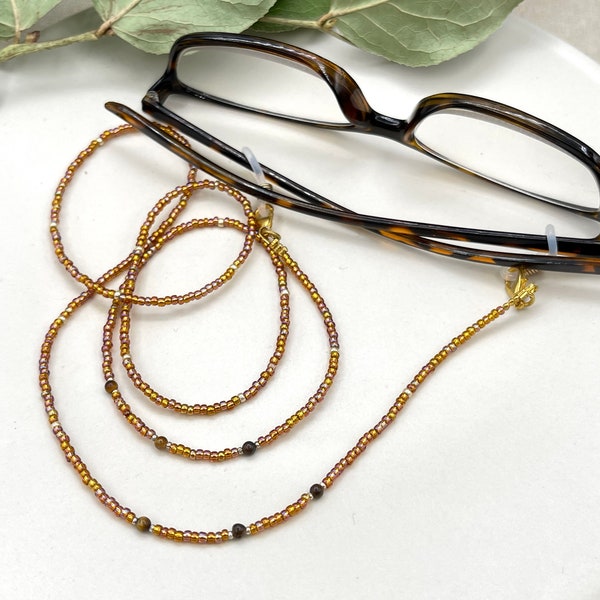 Gold Eyeglass Chain, Tiger Eye Gemstone Necklace, Sunglasses Necklace, Brown Glasses Lanyard, Eyeglasses Necklace, Grandma Necklace Gift