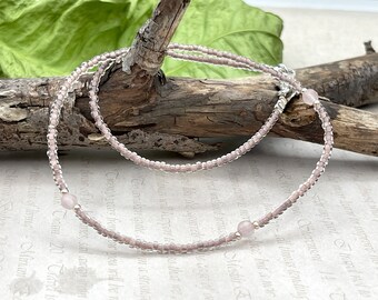 Tiny Rose Quartz Gemstone Choker, Delicate Dainty Pink Beaded Necklace, Minimalist Layering Choker, Tiny Seed Beads Chain, October Birthday