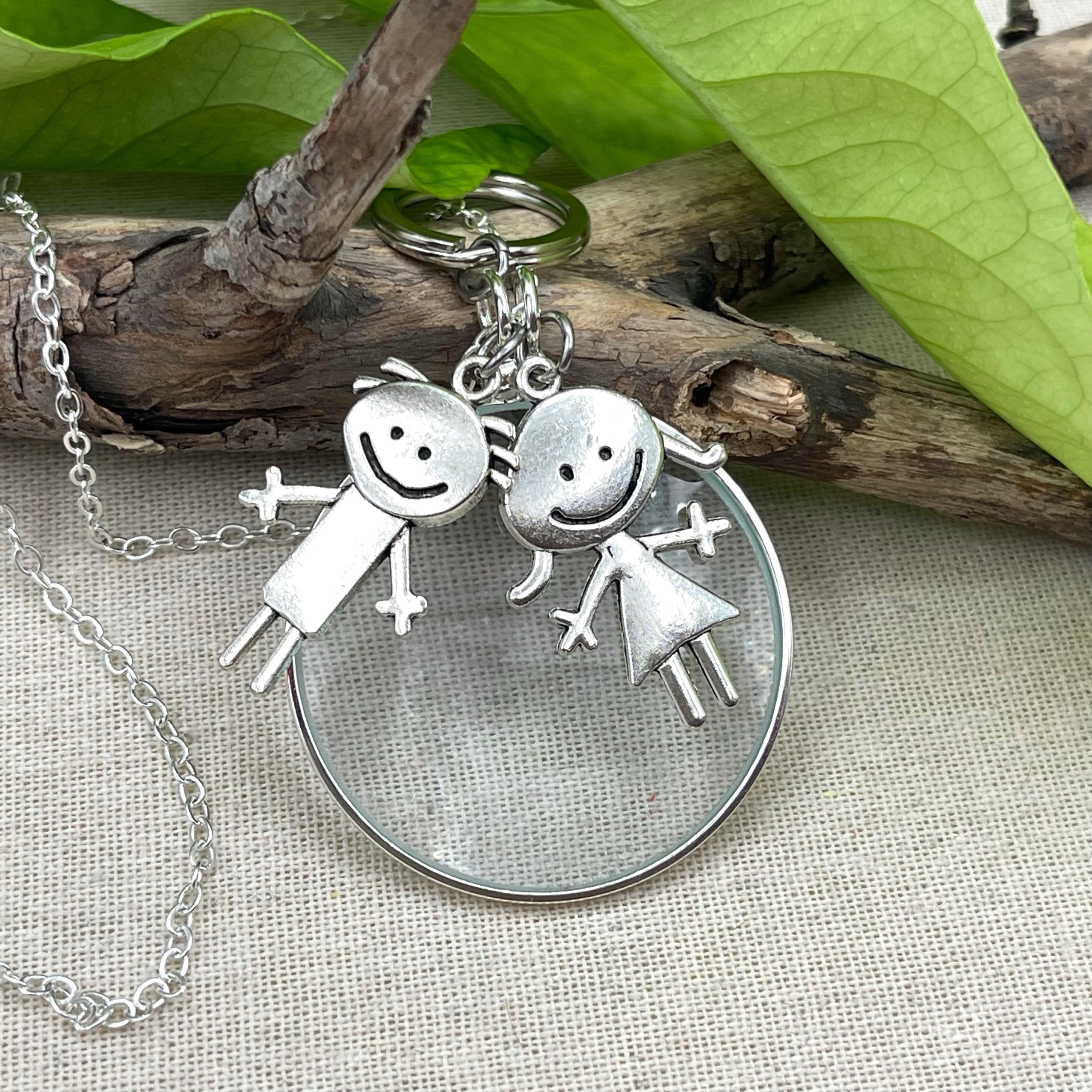 Boy Girl Personalized Magnifying Glass Pendant Necklace, Children Necklace for Mom Family Jewelry, Mother Grandma Gift, Magnifier Loupe