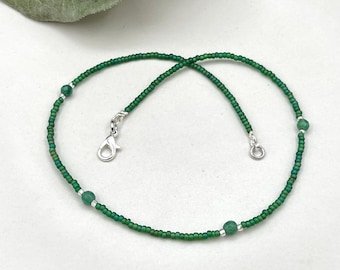 Green Jade Beaded Minimalist Choker, Dainty Boho Seed Bead Necklace