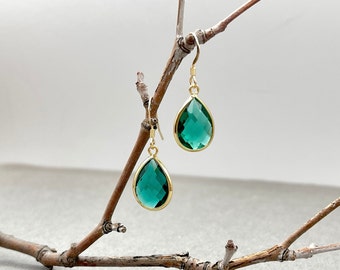 Teardrop Emerald Green Cz Dangle Earrings, Zirconia Gold Drop Earrings, Elegant Boho Crystal Earrings, Classic Bohemian Leverback Earrings