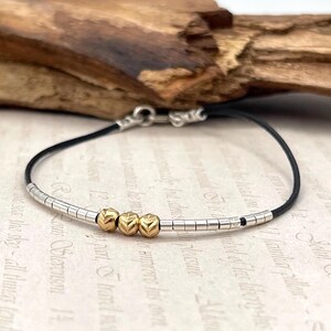 Delicate Mixed Metal Black Leather Cord Bracelet, Sterling Silver Two Tone Gold Beaded Stacking