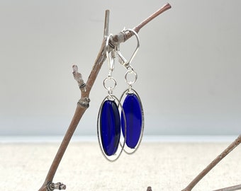 Blue Long Oval Cz Dangle Earrings, Dainty Silver Boho Drop Earrings, Bohemian Leverback Fashion Earrings for Her, Modern Trendy Everyday