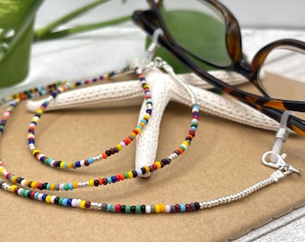 Multicolor Beaded Eyeglass Necklace, Rainbow Seed Beads Sunglasses Chain, Colorful Sunglass Lanyard, Grandma Gift