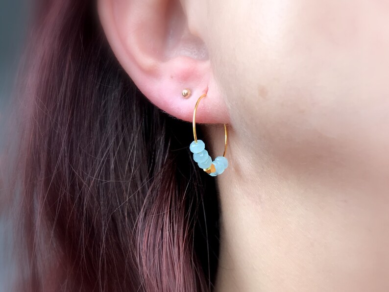 Gift for Her Women Earrings Gift Blue Earrings Gemstone Earrings Gold Hoop Earrings Small Boho Earrings Beaded Gold Hoops