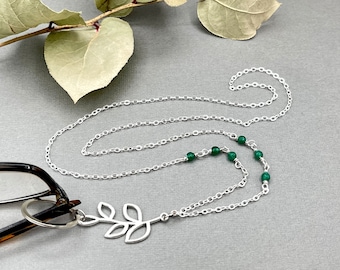Green Jade Gemstone Eyeglasses Lanyard, Reading Glasses Eyeglass Loop, Silver Leaf Badge Holder, Branch Sunglasses Chain, Birthday Gift