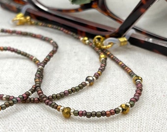 Rainbow Beaded Eyeglass Necklace, Gold Crystal Sunglasses Chain, Eyeglasses Glasses Lanyard, Sunglass Cord, Grandma Gift, Reading Glasses