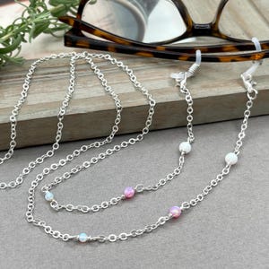 Opal Gemstone Eyeglasses Necklace, Pink White Stone Glasses Chain, Silver Beaded Sunglasses Holder, October Birthstone Birthday Grandma Gift