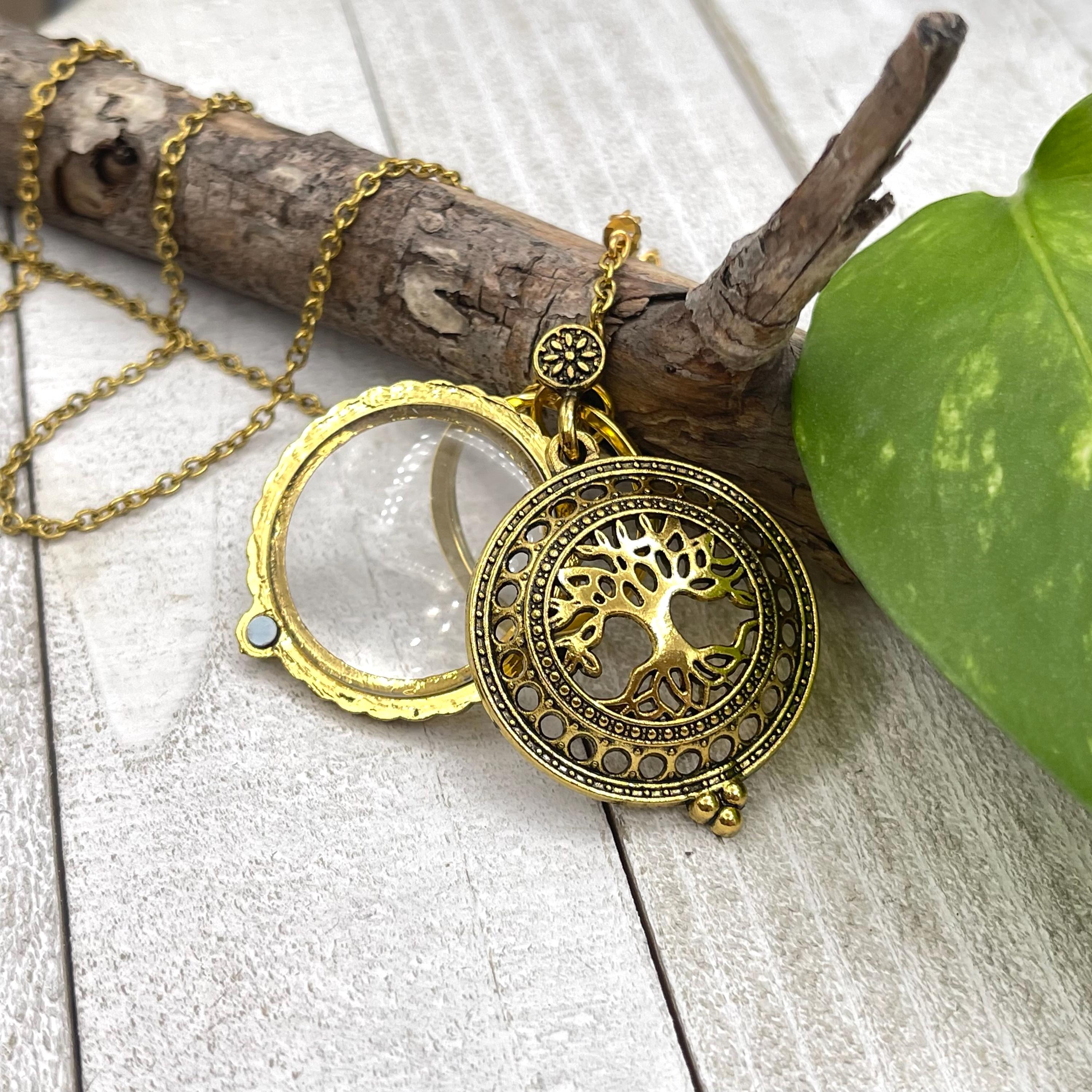 Gold Tree of Life Magnifying Glass Necklace, Badge Magnifier Pendant Chain, Grandma Mom Gift