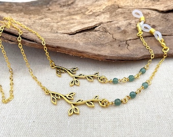 Green Jade Gemstone Gold Branch Eyeglass Necklace, Sunglasses Chain Lanyard Accessory Grandma Gift Nature