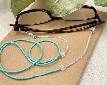 Turquoise Eyeglasses Chain, Blue Reading Glasses Necklace, CZ Beaded Sunglass Chain, Eyeglass Lanyard, Sunglasses Cord, Grandma Gift