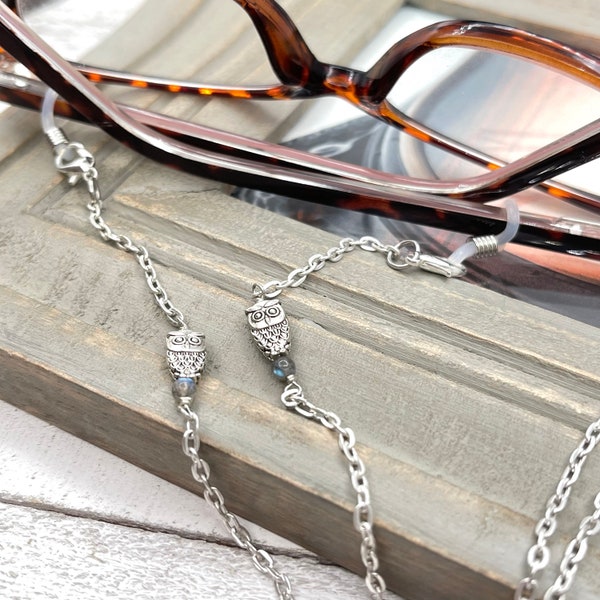 Labradorite Gemstone Eyeglasses Chain, Silver Owl Charm Glasses Necklace, Bird Animal Necklace, Eyeglass Lanyard, Sunglasses Laces Chain