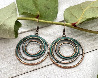 Large Circle Copper Dangle Earrings, Round Charm Statement Drop Earrings, Ethnic Patina Metal Earrings, Geometric Boho Long Earrings