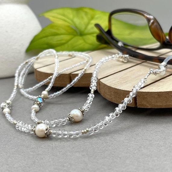 Real Pearl Beaded Eyeglasses Necklace, Clear Crystal Sunglasses