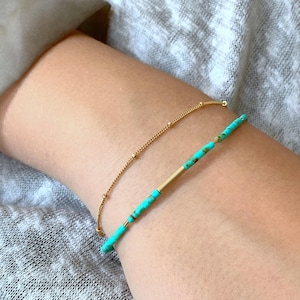 Dainty Gold Bar Turquoise Gemstone Beaded Bracelet, December Birthstone Jewelry