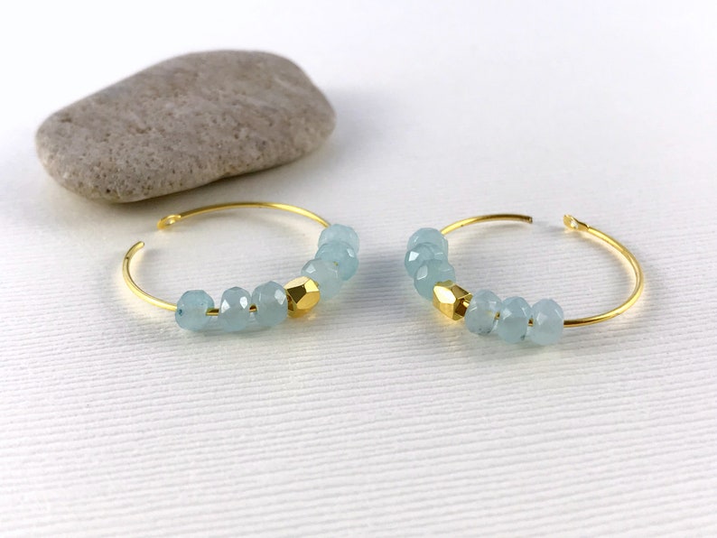 Gift for Her Women Earrings Gift Blue Earrings Gemstone Earrings Gold Hoop Earrings Small Boho Earrings Beaded Gold Hoops