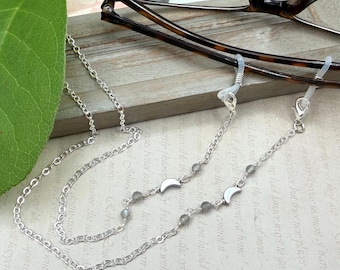 Labradorite Gemstone Eyeglass Chain, Silver Moon Sunglasses Necklace, Crescent Moon Sunglass Lanyard, Grandma Gift