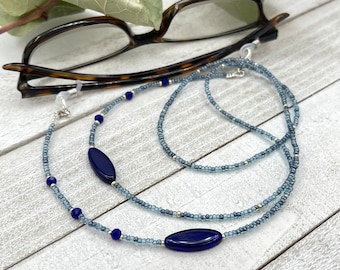 Blue Beaded Crystal Eyeglass Necklace, Cz Sunglasses Chain, Reading Glasses Holder, Eyeglasses Lanyard, Grandma Birthday Gift