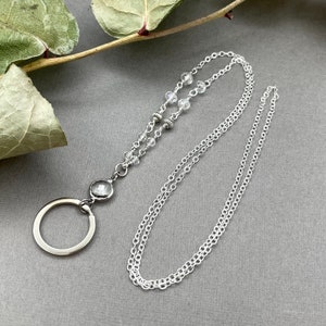 Crystal Cz Silver Eyeglasses Lanyard, Reading Glasses Eyeglass Loop, Badge Holder Necklace, Beaded Sunglasses Grandma Birthday Gift