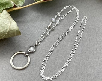 Crystal Cz Silver Eyeglasses Lanyard, Reading Glasses Eyeglass Loop, Badge Holder Necklace, Beaded Sunglasses Grandma Birthday Gift